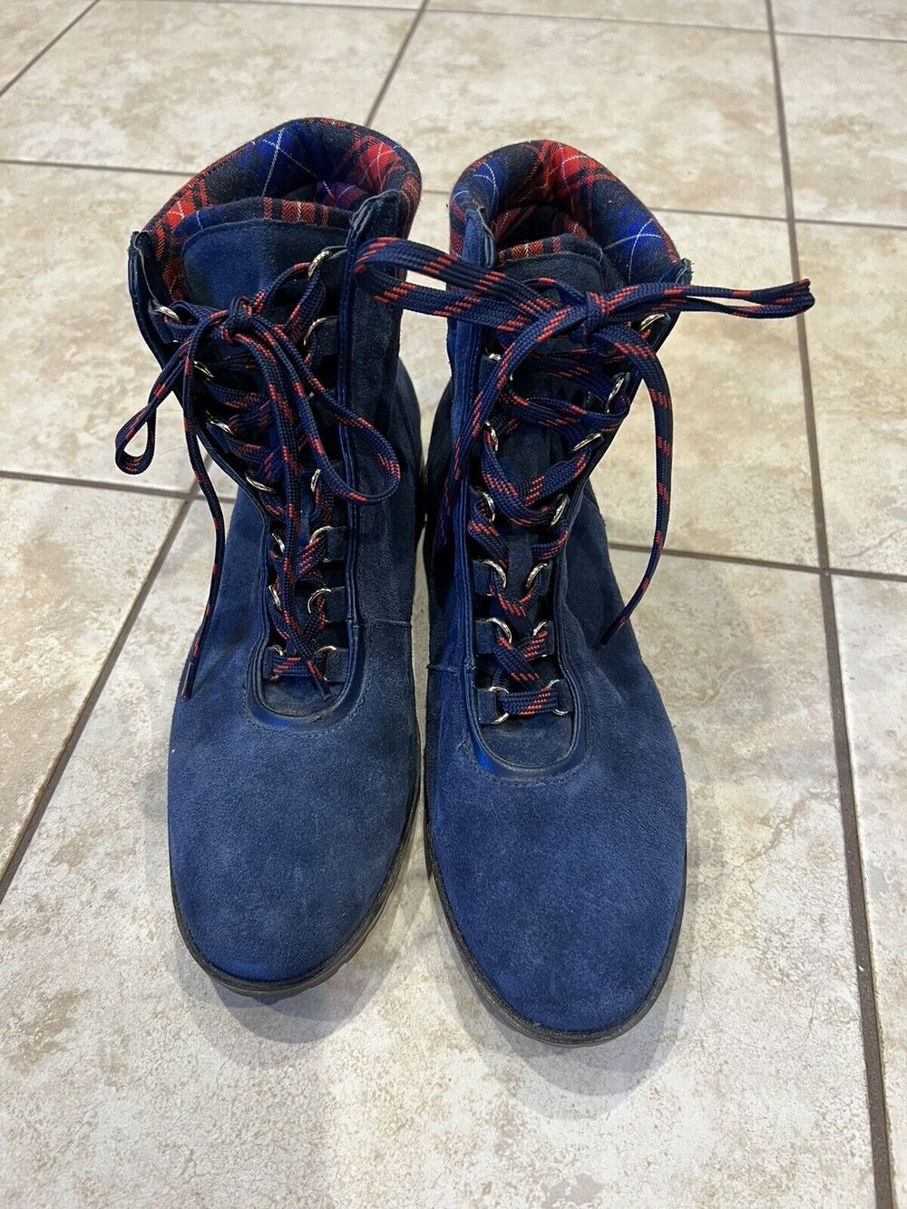 Crown and Ivy Womens Suede Ankle Combat Boots JUNE Leather Navy Blue Size 9.5